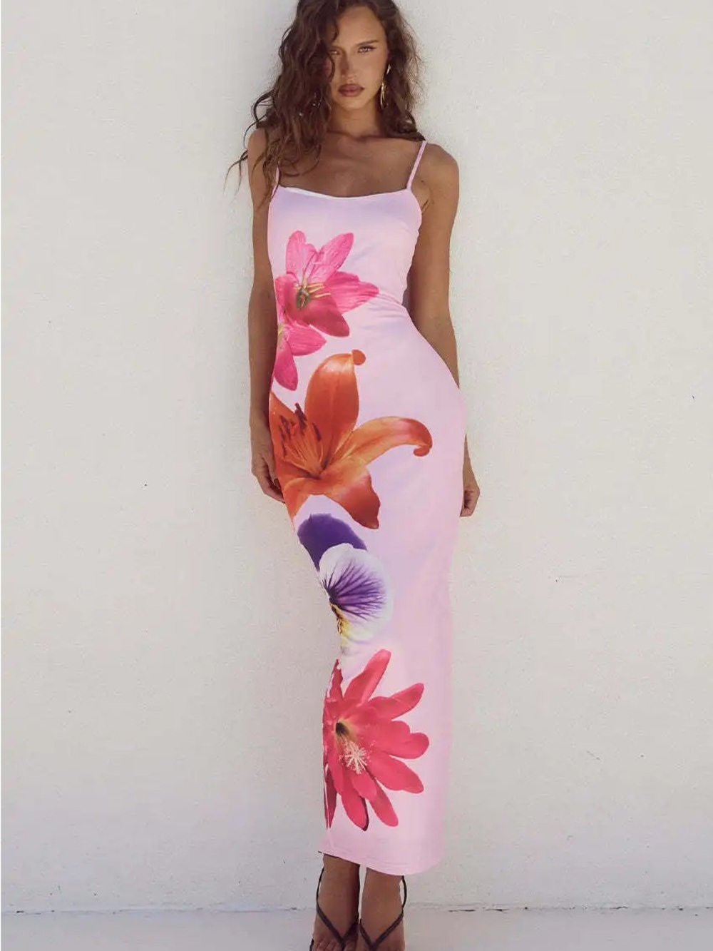 Pink Floral Slip Maxi Dress with Bold Bloom Accents